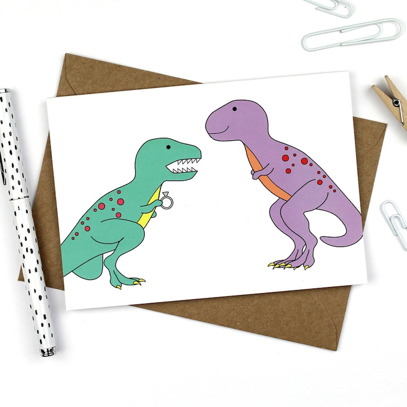 Engagement Card, Dinosaur engagement card, dinosaur, congratulations, proposal, engaged, love cards, T-Rex, tyrannosaurus, celebration image 1
