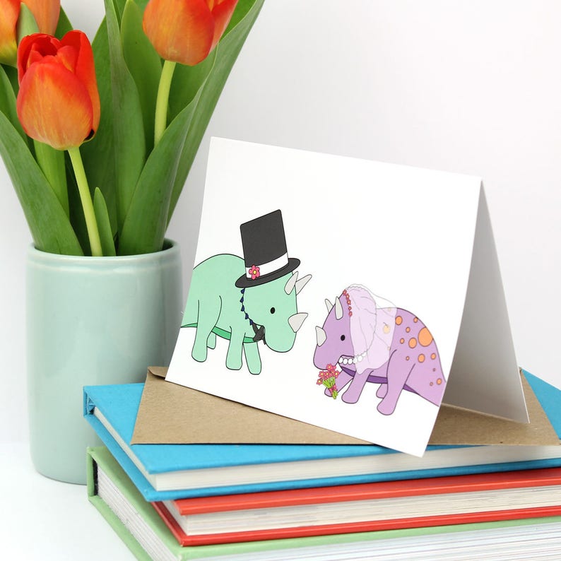 Triceratops Dinosaur Wedding Card cute marriage greeting card for bride and groom image 3