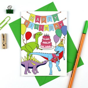 Dinosaur Party Card, happy birthday card, dinosaur card, cards for kids, funny card, cute card, party, birthday, balloons, dinosaur image 5