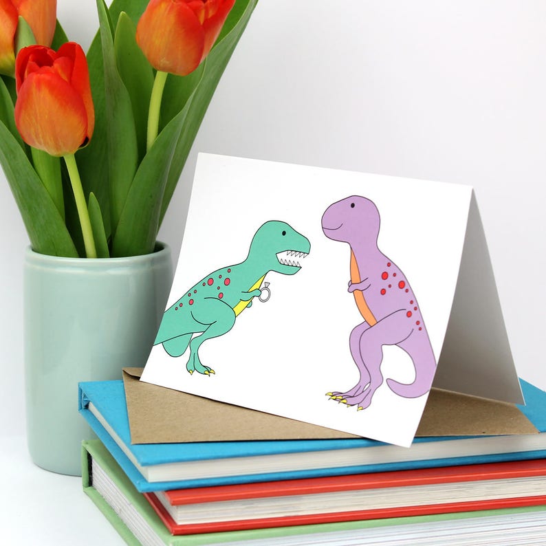 Engagement Card, Dinosaur engagement card, dinosaur, congratulations, proposal, engaged, love cards, T-Rex, tyrannosaurus, celebration image 3