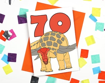 Number 70 card, dinosaur birthday card, anniversary card, one card, cards for adult, cute greeting card, giant button badge