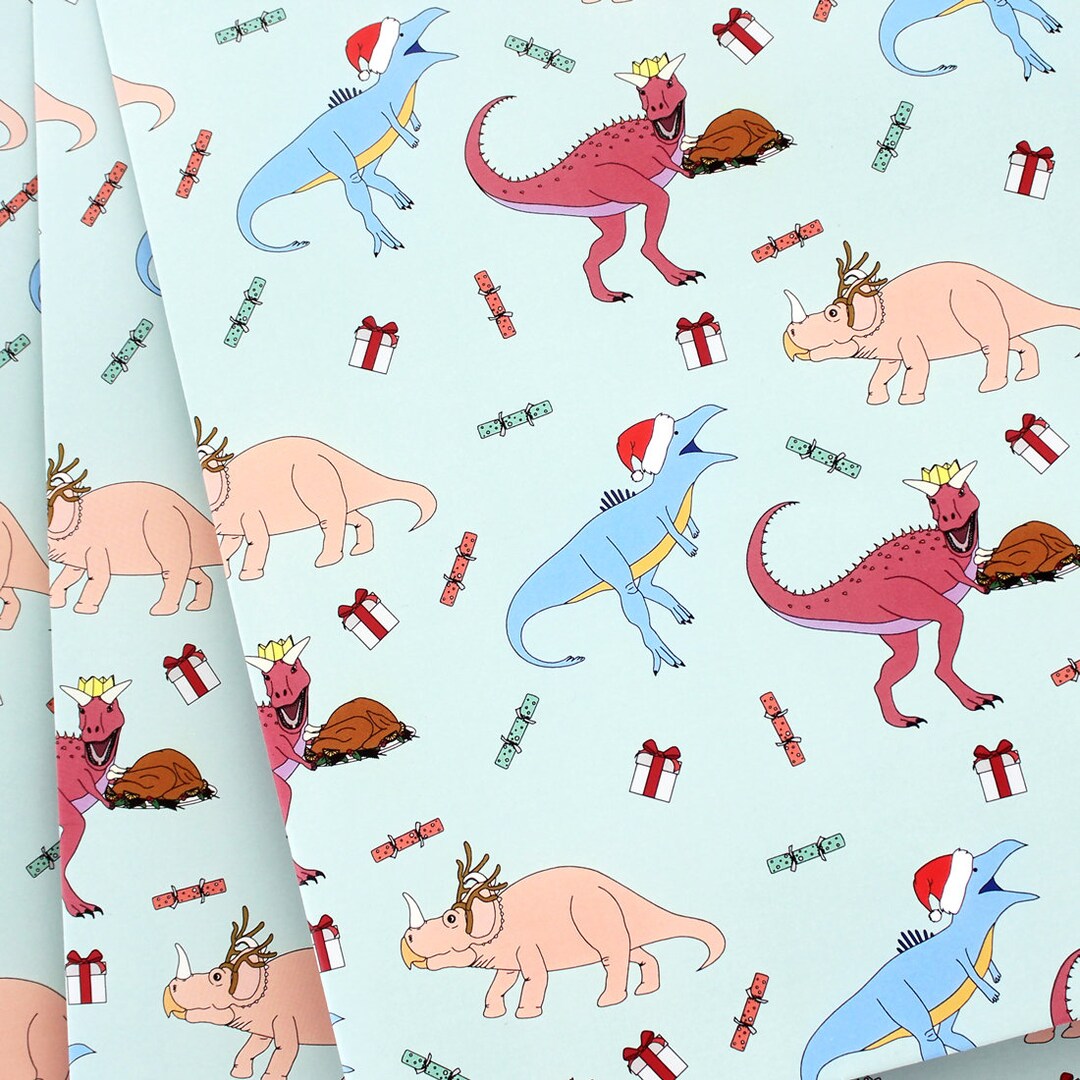 Christmas Dinner Dinosaur Wrapping Paper Etsy UK