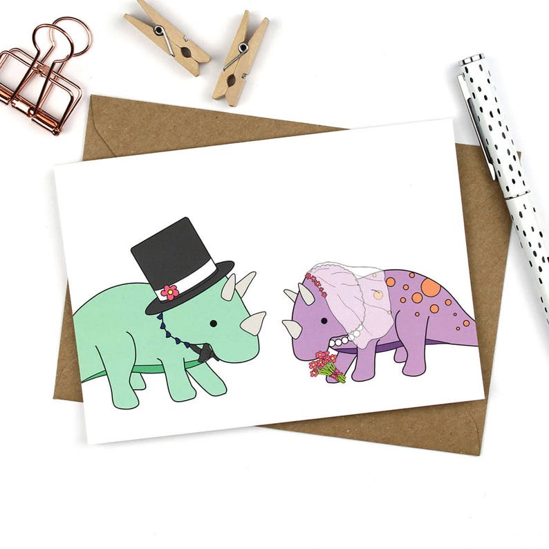 Triceratops Dinosaur Wedding Card cute marriage greeting card for bride and groom image 1
