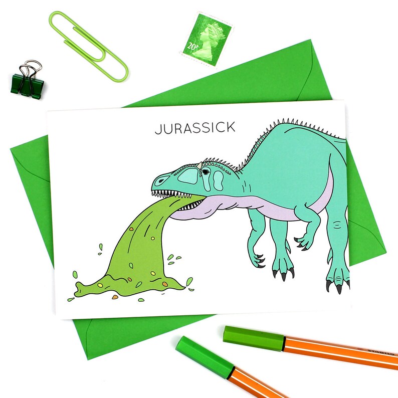 Get Well Soon Card, Greeting Card, Jurassick, vomit, get well card, feel better card, get well, hospital card, jurassic, funny cards, puns image 1