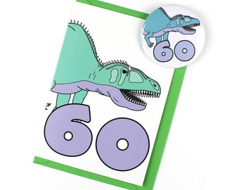 Number 60 card and badge set, dinosaur birthday badge, birthday card, sixty badge, badges for adults, cute badge, 60th birthday card