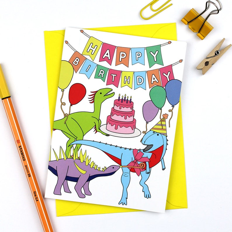 Dinosaur Party Card, happy birthday card, dinosaur card, cards for kids, funny card, cute card, party, birthday, balloons, dinosaur image 7