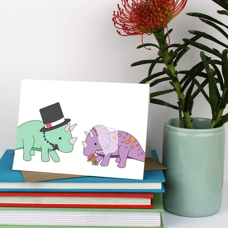 Triceratops Dinosaur Wedding Card cute marriage greeting card for bride and groom image 2