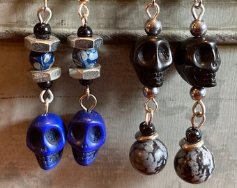 Upcycled skull dangle earrings with natural stone beads