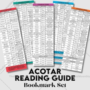 May include: ACOTAR Reading Guide Bookmark Set. The image shows a set of colourful bookmarks with character names, species, and titles. The bookmarks are white with coloured borders and text. The text "ACOTAR READING GUIDE Bookmark Set" is at the bottom.