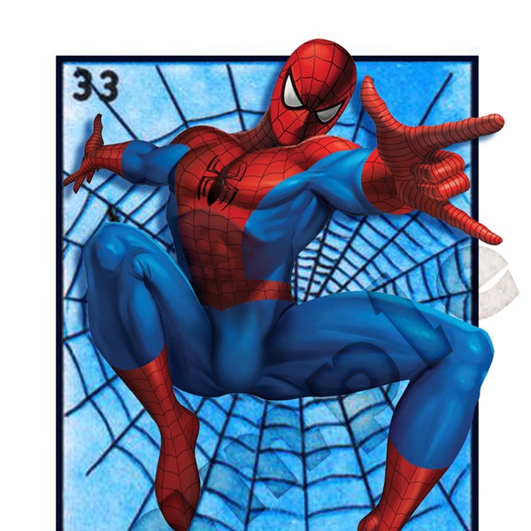 Mexican Loteria, La Arana 5x7 card Spiderman image.