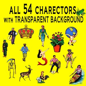 Pode incluir: Gráfico amarelo com o texto "ALL 54 CHARECTORS WITH TRANSPARENT BACKGROUND". A imagem apresenta vários personagens de desenhos animados, incluindo uma coroa, uma sereia e um homem segurando um globo.