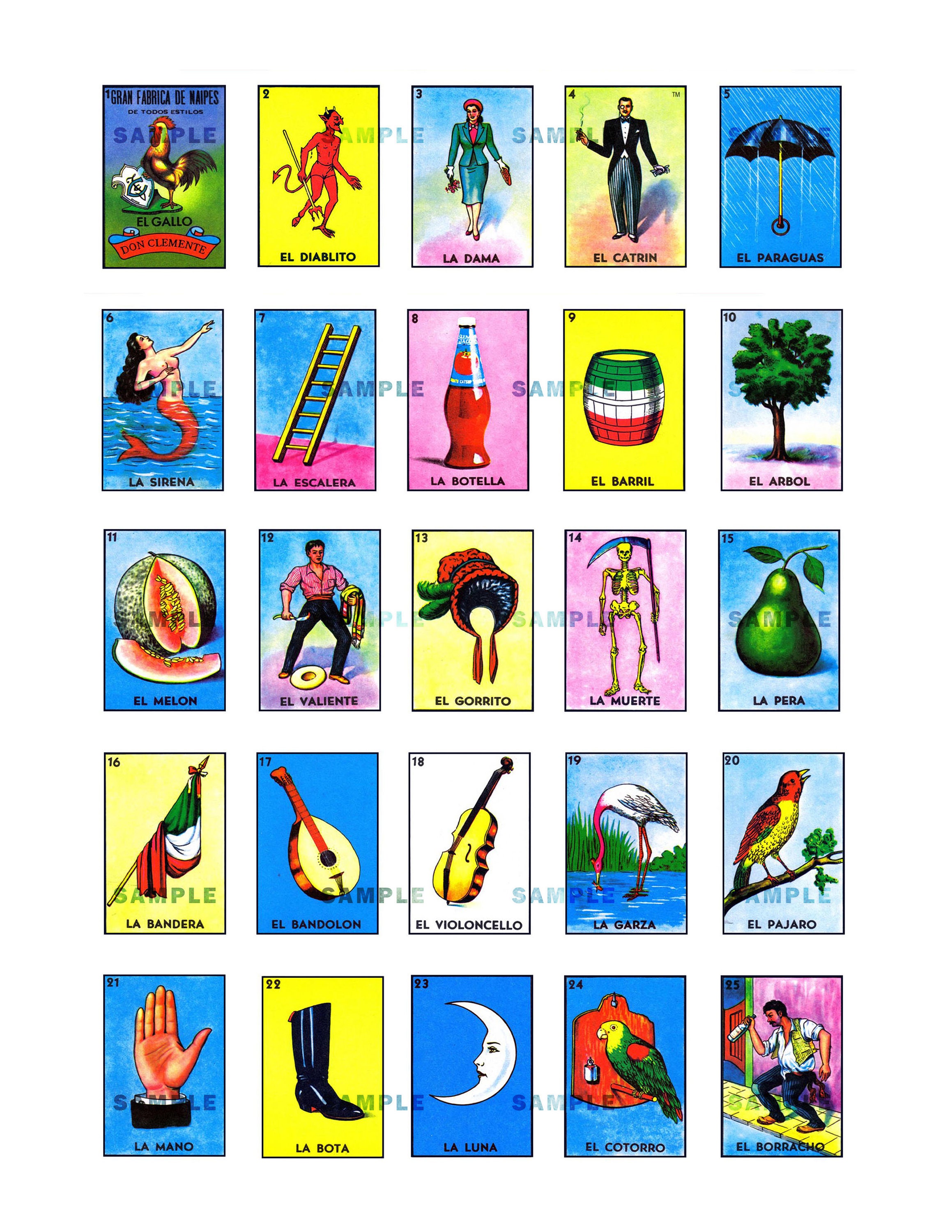 Mexican Loteria Small Sticker Printable each image is 1-1/4 | Etsy