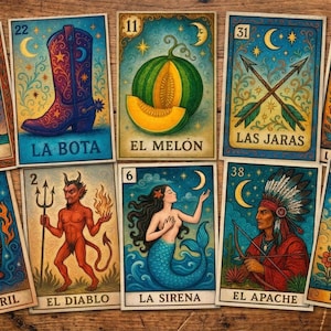 May include: A collection of colorful, vintage-style tarot cards with various illustrations. The cards feature images such as a cowboy boot, a skull, a mermaid, and a devil. Each card has a unique design and Spanish text.