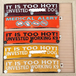 May include: A framed display of embroidered patches. The patches are in various colors, including burgundy, orange, and yellow. Each patch has white text that reads "IT IS TOO HOT!" and "UNVESTED" followed by additional text. One patch reads "MEDICAL ALERT".