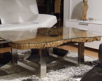Tree trunk coffee table and glass top