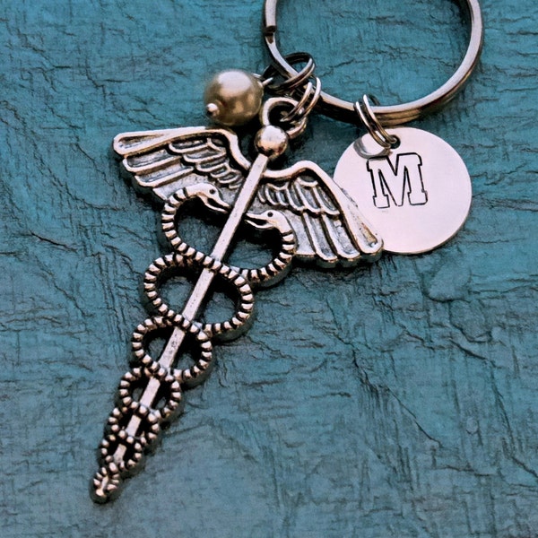 TODAY SPECIAL - Medical Profession - Nurse Doctor Medical Assistant - Personalized Initial Custom Monogram Keychain Key ring Large Caduceus