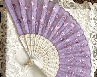 Purple Color sequins  and White Body Hand Held Folding Fan - Gift