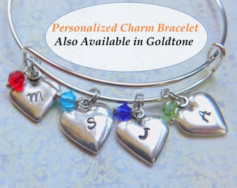 Mom / Grandmom Bracelet Personalized with Children Initials and Birthstones , Heart Charms , Gift for Mother or Grandmother