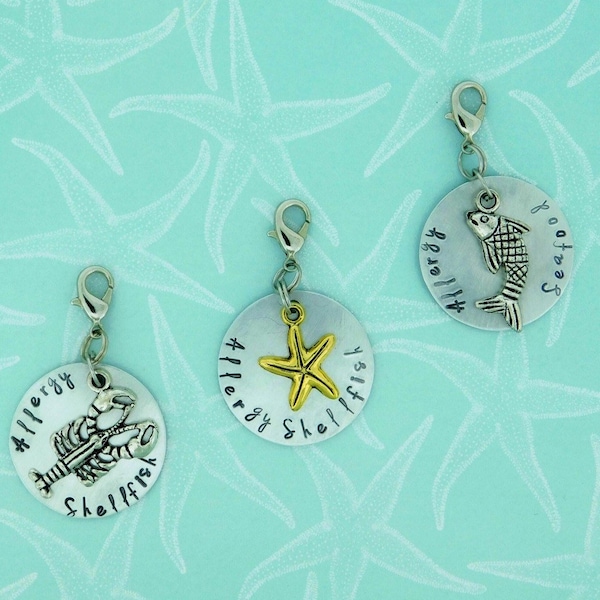 Food Allergy or Medical Alert ID Charm Zipper Pull - Add On - Shellfish - Seafood - Charms Lobster ,Starfish , Fish