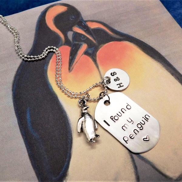 Collier personnalisé - J'ai trouvé mon pingouin - Initiale de couple - Cadeau d'anniversaire -