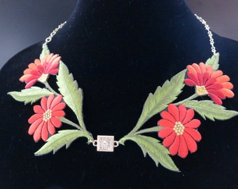 Vibrant Red / Orange Flower & Leaves Necklace - Chain Choker - Floral Bib