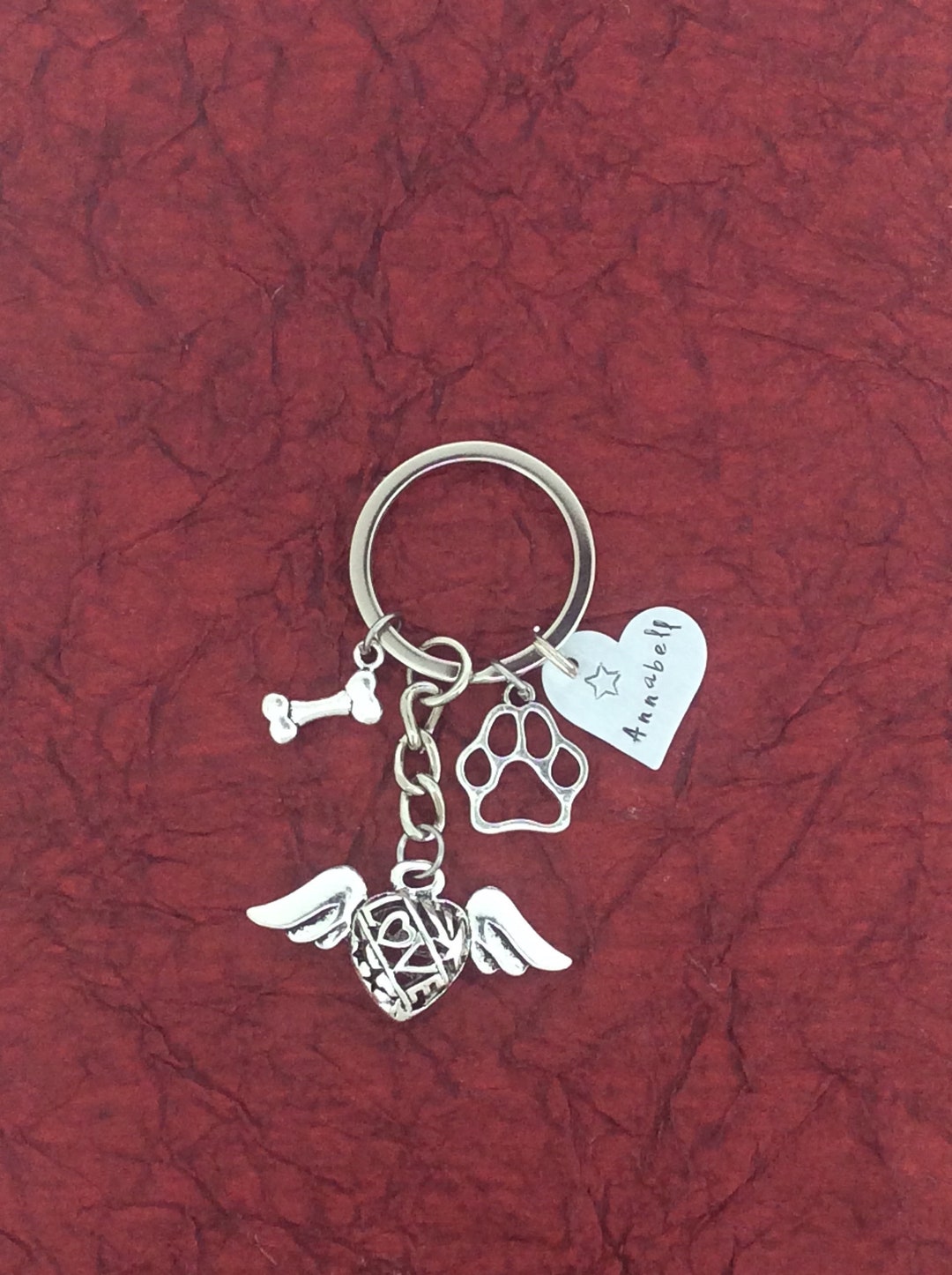 Personalized Name Heart Charm Dog Memorial Keychain Keepsake Paw Print
