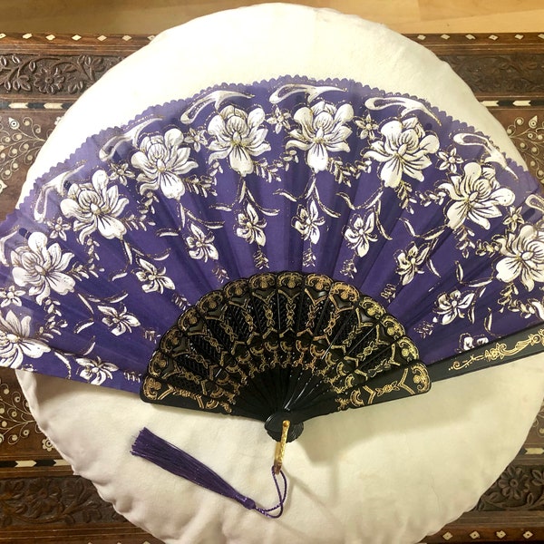 Spanish  Purple & White Floral Folding Fan -  Dancer Prop - Bellydancer - Gift