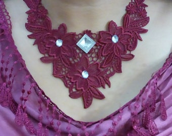 One of a kind  - Red / Burgandy Lace Choker - Necklace - Bib - Chain - Floral