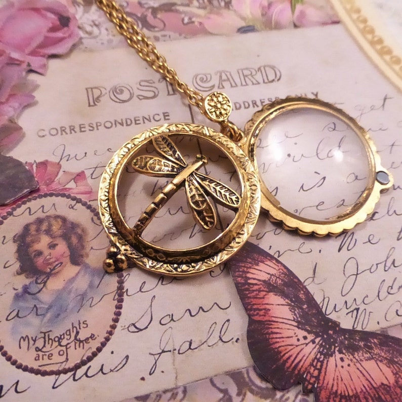 DragonFly Magnifying Glass Necklace Gift for her Grandmother Mom Aunt Gold Antique Style Pendant image 2