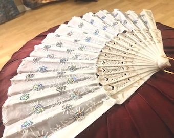 White w Silver Color sequins Hand Held Folding Fan - Gift