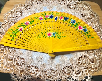 Double Side Hand Painted Floral Yellow Wood Hand Held Folding Fan - Gift