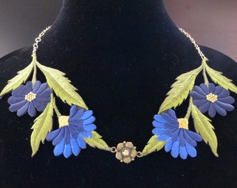 Vibrant Blue Flower & Leaves Necklace, Chain Choker - Navy Color Floral