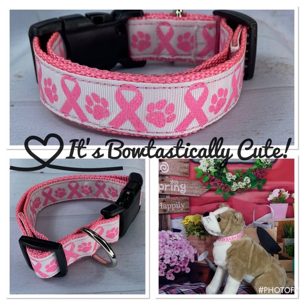 1" Dog Collar -  Breast Cancer Ribbon and Paws on White Grosgrain USDR Ribbon Overlay with Pink Nylon Webbing Standard Collar Shown