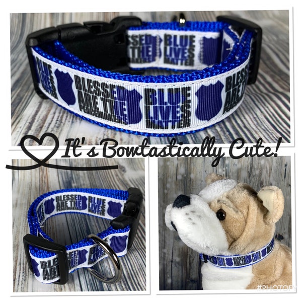 1" Dog Collar - Blue Lives Peacemakers Police Law Enforcement  Grosgrain USDR Ribbon Overlay with Royal Nylon Webbing Standard Collar Shown