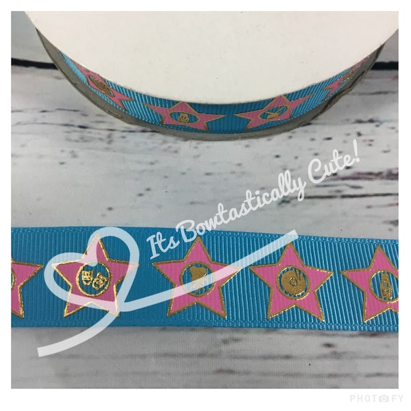 7/8" Grosgrain Gold Foil Movie Stars on Turquoise High Quality USDR Ribbon