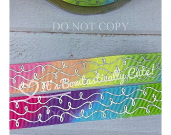 7/8" Grosgrain The Original Doodle Rainbow Ombre with Silver Holographic Foil Ink High Quality USDR Ribbon