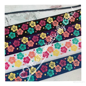 7/8" Grosgrain Lt. Glitter Tropical Hibiscus Flower Hawaii on 4 Colors High Quality USDR Ribbon