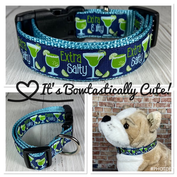 1" Dog Collar - Extra Salty Margarita Navy Grosgrain USDR Ribbon Overlay with Ice Blue Nylon Webbing Standard Collar Shown