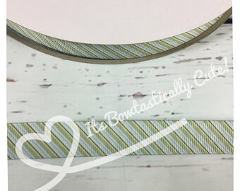 2 Widths 5/8", 7/8" Grosgrain Lt. Blue & Green Diagonal Stripe Heat Transfer High Quality USDR Ribbon