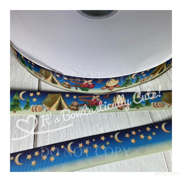 7/8" Grosgrain Printed Heat Transfer Camping Boys Double Printed High Quality Hair Bow USDR Ribbon