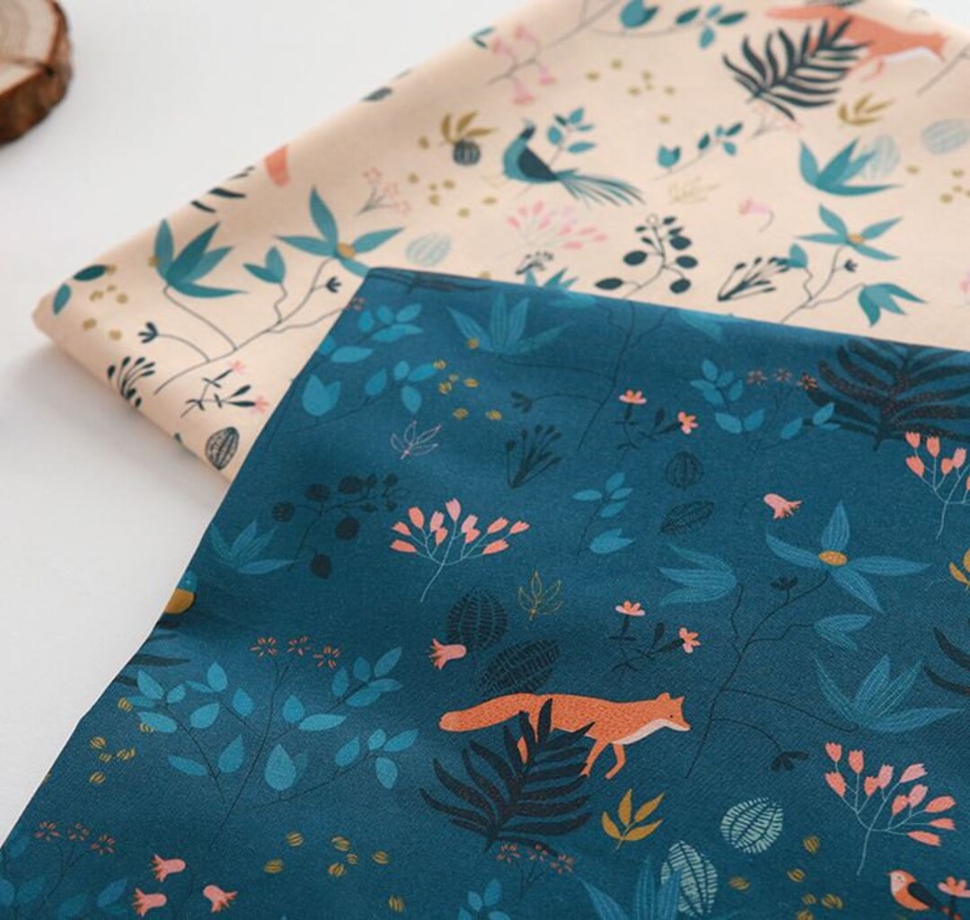 Fox and Forest Pattern Cotton Fabric by Yard - 2 Colors Selection - Etsy