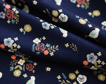 Lovely Flower and Bird Pattern Navy Cotton Fabric by Yard