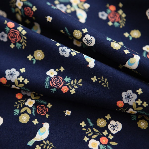 Lovely Flower and Bird Pattern Navy Cotton Fabric by Yard