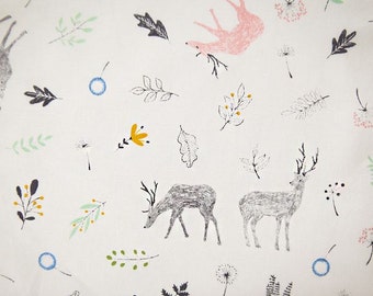 Deer and Forest Pattern Cotton Fabric by Yard