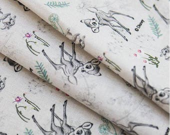 Disney Bambi Botanical Sketch Digital Printing Linen Blended Fabric by Half Yard, Width 152cm(59 Inches)