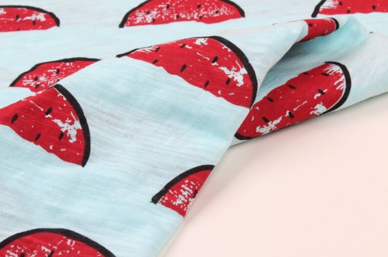 Mint Watermelon Pattern Cotton Knit Fabric by Yard