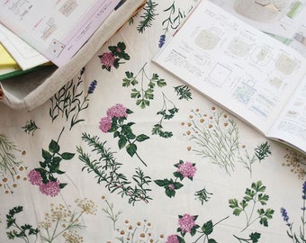 Herbal Flowers Linen Blended Fabric by Yard S14410- Ivory Background / Width 142cm (56 Inches)