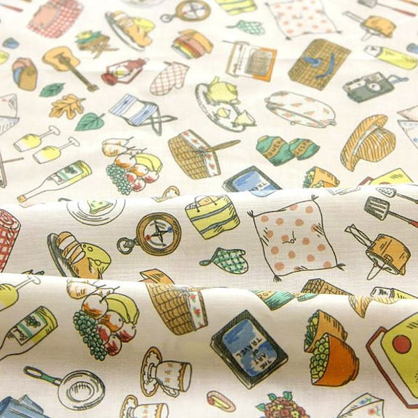 LAST ONE/Camping Pattern Cotton Fabric by Yard "Lets's go camping"
