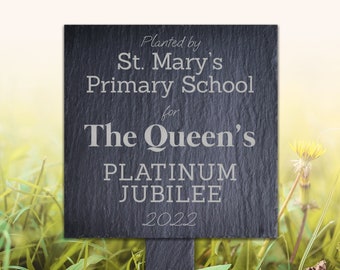 Personalised Tree Marker, Slate Plant Marker, Plaque, The Queen&#39;s Platinum Jubilee, 2022, Royal Celebration, 10 x 10cm, Handmade in Wales