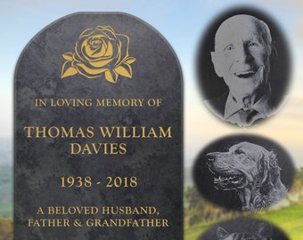 Personalised Gravestone Memorial, Human & Pet, Large, 45 x 27cm, Add a Laser-Etched Photo, Choice of Font, Colour, Motif